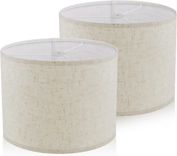 Lamp Shades Set of 2, Drum Lampshades 12.6" Diameter x 8.3" High Lamp Shades for Table Lamps Natural Linen, For Floor Lamps, Table Lamps, Easy Assembly Required, Harp Not Included, Beige