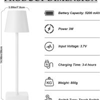 HASUN 2Pack Cordless Table Lamp, LED Rechargeable Desk Lamp, 5200mAh Battery Table Light, Aluminum Shell, 3 Color Stepless Dimming for Outdoor/Patio/Camping White - Image 4