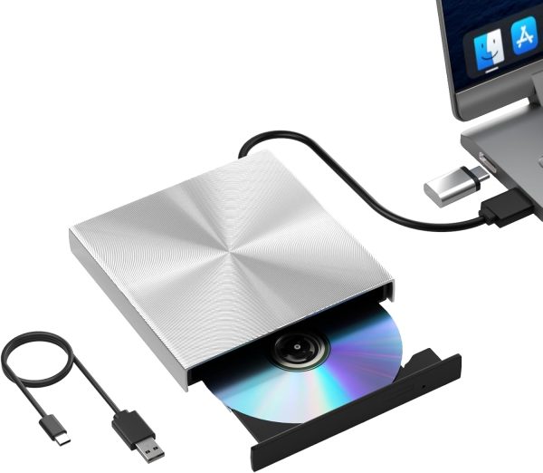 External Blu Ray DVD Drive Burner, USB 3.0 and Type-C Optical Slim Bluray CD DVD Reader Writter for Laptop Desktop PC Compatible with MacBook OS Windows XP/7/8/10/11 Linux