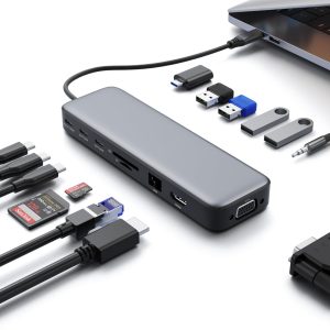 USB C Hub Laptop Docking Station Dual Monitor,14 in 1 Multiport Adapter with 4K HDMI,VGA,8 USB C/A Ports,100W PD Fast Charging,Audio&Mic,SD&TF,USBC Dongle for MacBook/Dell/HP/Lenovo ThinkPad/Surface