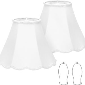 Scalloped Lamp Shades Set of 2, White Lamp Shade with Petal Edge Braid, 6.1"Top x 13"Bottom x 9.6"High, Bell Lamp Shades for Table Lamps Floor Lamps, Spider, Harp Holders Included, Easy Assembly
