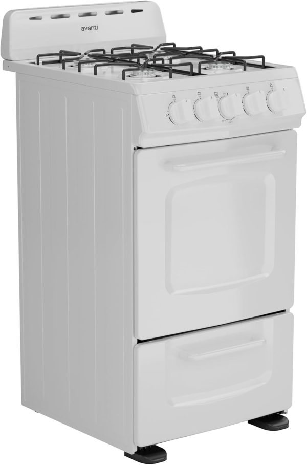 Avanti GRO20P0W Gas Range Oven Compact Freestanding Design, 4 Burners with Electronic Ignition, 2.1 Cu.Ft. Capacity Features Solid Door Storage Drawer Broiler and Accessories, 20-Inch, White