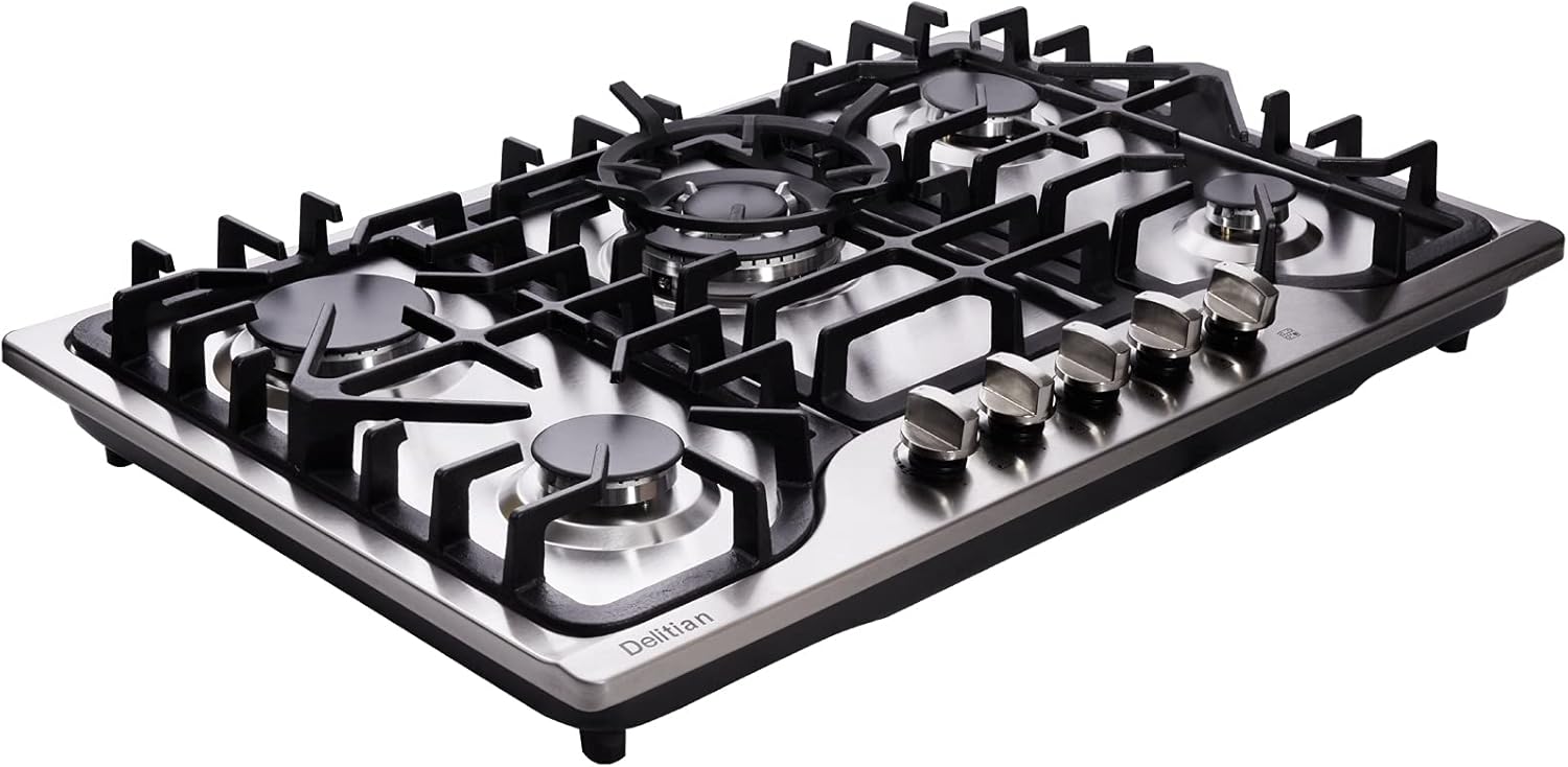 30 Inch Gas Cooktop DT57043 Built-in Stainless Steel 5 Burners Gas Stovetop LPG/NG Convertible Dual Fuel Gas Hob