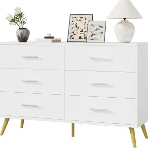 Shintenchi 6 Drawer Dresser, Wide Chest of Drawers Organizer Storage with Drawers, Large Storage Cabinet, Modern Design Dresser for Bedroom, Living Room, Porch, White