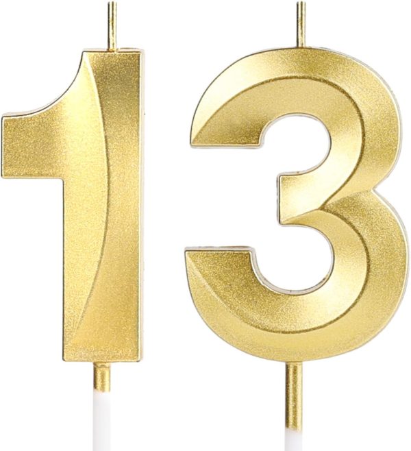 13th Birthday Candles, Number 13 Candles, Gold Happy Birthday Candle for Cake, Happy Birthday Cake Topper Decoration for Him Her Birthday Party Wedding Anniversary Celebration Supplies (13, Gold)