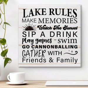 Country Lake Rules Canvas Wall Art Print Make Memories Watch the Sunset Lake Poster Painting Framed Artwork Rustic Home Wall Decoration 8 X 8 Inch