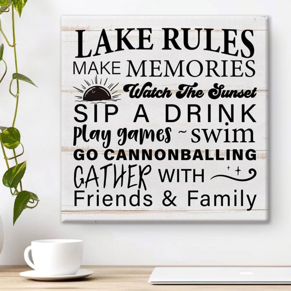 Country Lake Rules Canvas Wall Art Print Make Memories Watch the Sunset Lake Poster Painting Framed Artwork Rustic Home Wall Decoration 8 X 8 Inch