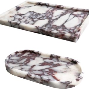 Real Luxurious Natural Marble Vanity Tray Genuine Marble Storage Tray for Home Decor Stone Tray for Bathroom/Kitchen/Vanity/Dresser Non-Resin/Non-Ceramic/Viola Oval Set