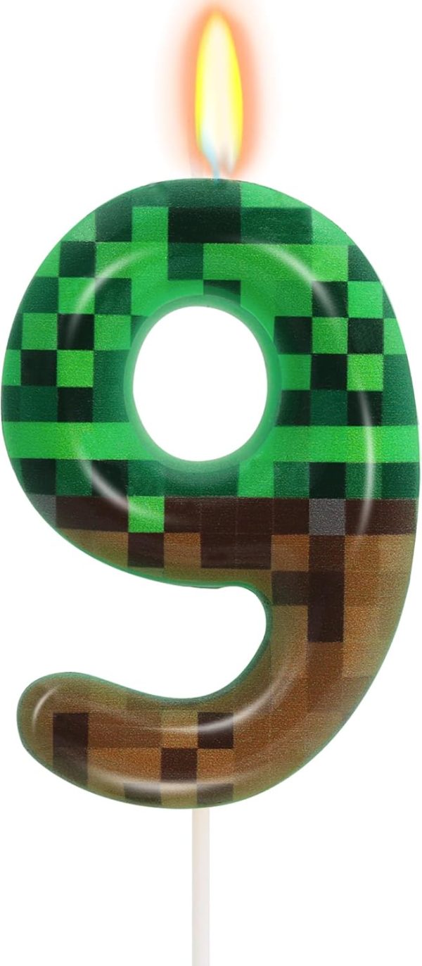 9th Pixel Miner Birthday Candles, Pixels Cake Topper for Boys Girls, TNT Themed Birthday Decorations Party Supplies (Number 9)