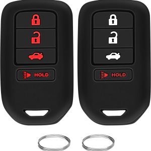 QBUC 2Pcs for Honda Key Fob Cover, fits for Honda HR-V Pilot Odyssey LX EX 2014 2015 2016 2017 2018 2019 2020 2021 2022 Key Protector Silicone Rubber Accessories 4 Buttons (Black+Black red)