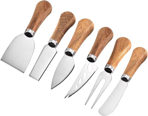 6 Piece Cheese Knives Set with Wooden Handle, Mini Steel Stainless Cheese knife set for Charcuterie anCheese spread, Perfect for Cheese Slicer and Butter Cutter