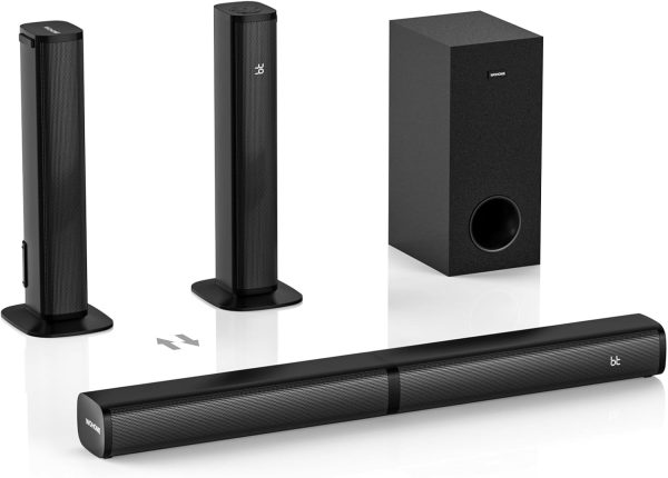 Wohome 2 in 1 Detachable Sound bar with Subwoofers, 4.1 Channel Bluetooth Sound Bar for Smart TV, Home Theater Surround Sound System, Optical,HDMI-ARC, USB Input, Bass Adjust, Remote/Button Control