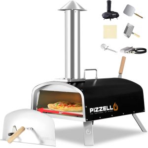 Propane Pizza Oven Wood Fired Outdoor Foldable Pizza Ovens with Gas Burner, Wood Tray Pizza Stone, Pizza Peel, Cover (Black)