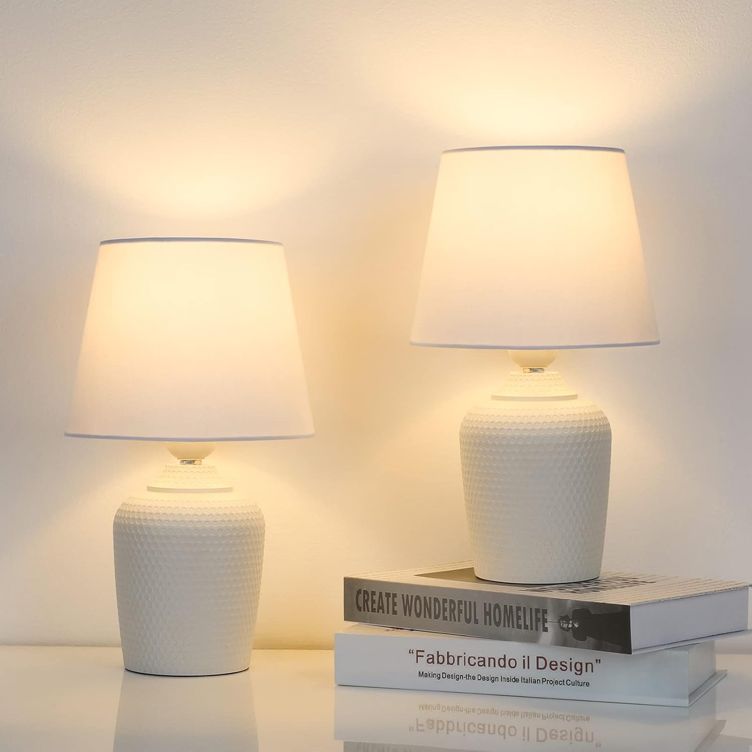 Small 11.8 Table Lamps Set of 2, Bedside Nightstand Lamps for Bedroom Kid’s Room, Cute Desk Lamps with Studded Texture Base for Reading Nursery Living Room Office, White