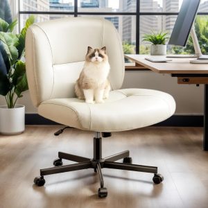 Marsail Modern Criss Cross Office Chair with Wheels, Armless, White PVC Leather, 26" W x 20" D x 42.1" H, 300 lbs Capacity, Ergonomic, Comfortable, Home Office, Computer, Reading, Relaxing, Drafting