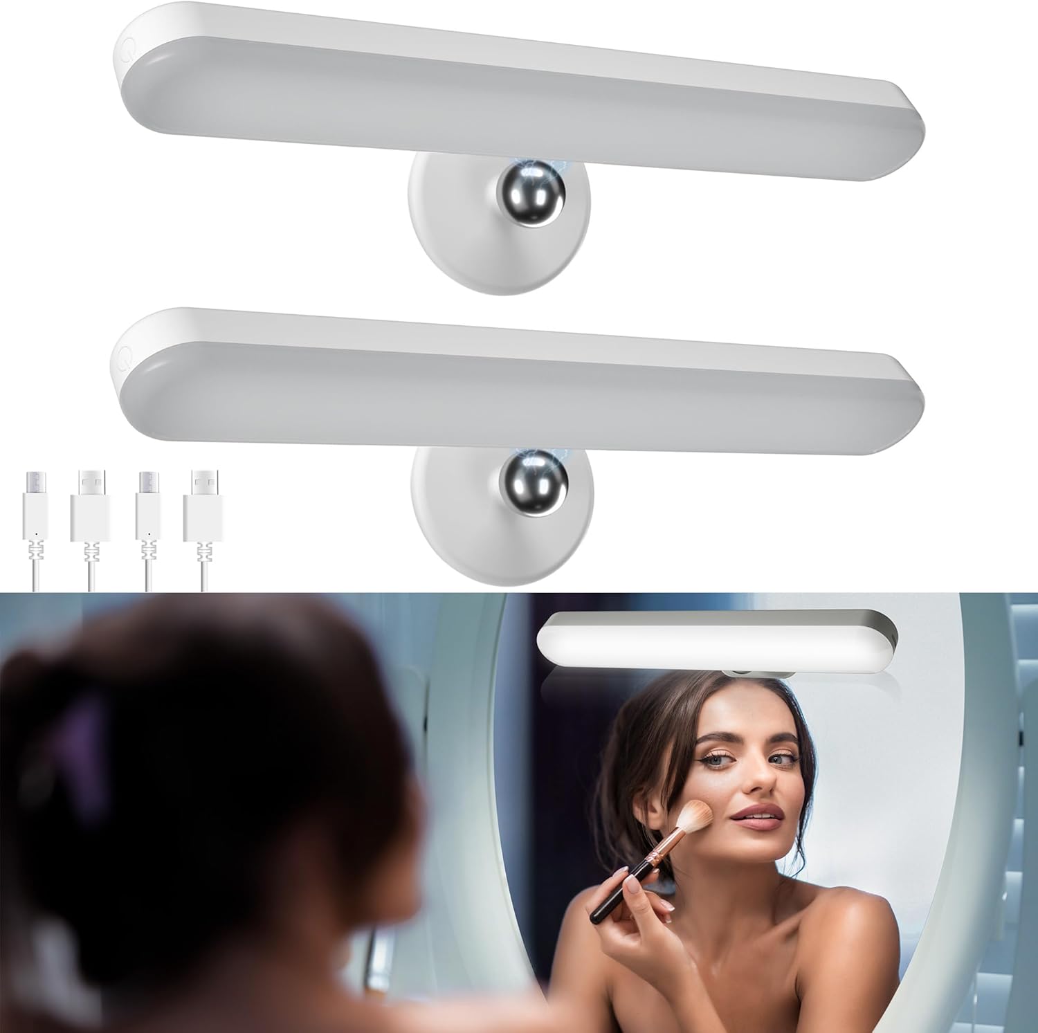 2 Pack Wireless Vanity Lights for Mirror, Rechargeable Battery Operated Makeup Light, Adjustable Color Brightness & Angle Light Bar, Magnetic Stick on LED Lighting Bathroom Decor Accessories
