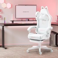 Dowinx Gaming Chair Cute with Cat Ears and Massage Lumbar Support, Ergonomic Computer Chair for Girl with Footrest and Headrest, Comfortable Reclining Game Chair 290lbs for Adult, Teen, White - Image 7