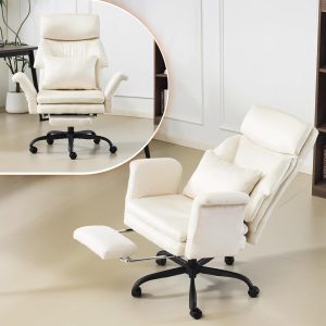 VINGLI 100-130° Reclining Tall Office Chair with Foot Rest & Adjustable Armrests, Ergonomic Criss Cross Chair with Wheels & Headrest, Comfy Wide-Seat Gamer Chair for The Heavy, Microfiber, White