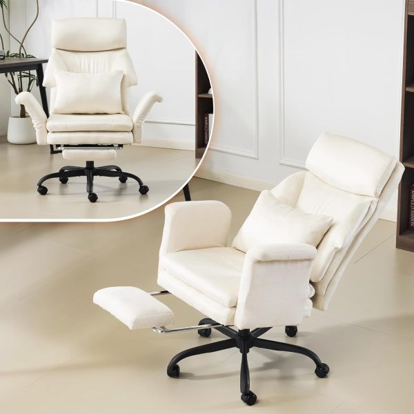 VINGLI 100-130° Reclining Tall Office Chair with Foot Rest & Adjustable Armrests, Ergonomic Criss Cross Chair with Wheels & Headrest, Comfy Wide-Seat Gamer Chair for The Heavy, Microfiber, White