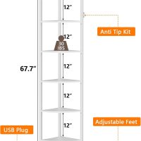 Furnulem 6 Tier Corner Shelf with LED Light, 67.5” Tall Standing Shelf Organizer, White Narrow Bookshelf with Storage Rack for Wall Corner, Living Room, Bedroom, Metal Frame, Wood Display Shelf - Image 2