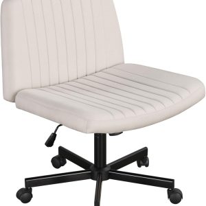 Giantex Criss Cross Chair with Wheels, Armless Cross Legged Office Chair, Fabric Adjustable Swivel Ergonomic Desk Seat, Modern Wide Makeup Task Vanity Chair for Home, Beige