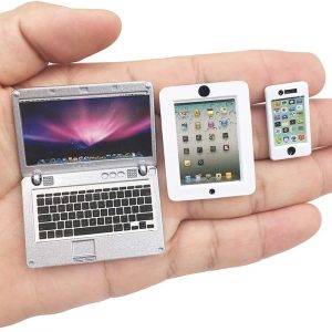 3 Pack Dollhouse Mini Laptop Tablet and Smart Phone Scene Computer Simulation Accessories for Doll 1/6 1/12 Miniatures Silver