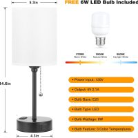Small Bedside Table lamp for Bedroom - 3 Color Temperatures Bedside Lamps with USB C and A Ports, Pull Chain Table Lamps with AC Outlet, White Nightstand Lamps with Black Metal Base for Kids Reading - Image 4