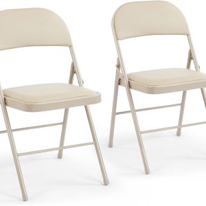 DUMOS 2 Pack Leather Padded Folding Chair, Indoor Outdoor Portable Stackable Commercial Seat with Steel Frame, Capacity for Home, Office, Party, Comfy, Kahki
