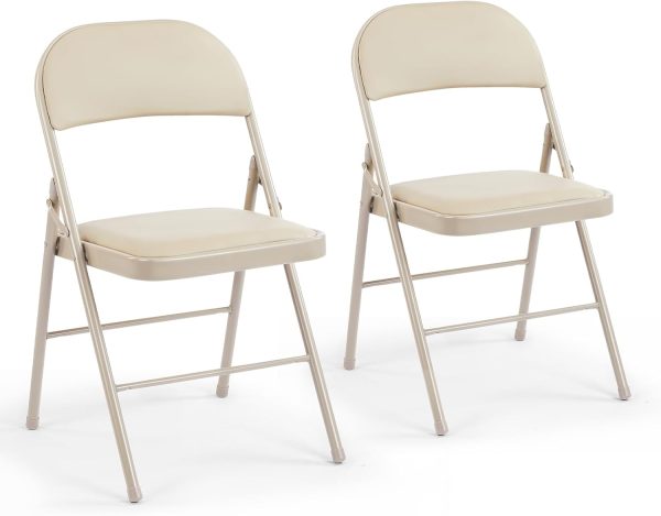 DUMOS 2 Pack Leather Padded Folding Chair, Indoor Outdoor Portable Stackable Commercial Seat with Steel Frame, Capacity for Home, Office, Party, Comfy, Kahki