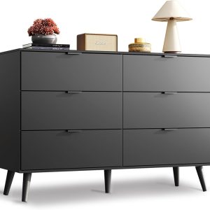 WLIVE Black Dresser for Bedroom, 47.24'' Wide 6 Drawer Wood Dresser Storage Organizer with Sturdy Metal Handle, TV Stand for 55 inch TV, Chest of Drawers for Living Room, Hallway, Closet