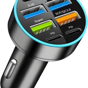 8 Ports 66W Car Charger, 12-24V Super Fast Charging with USB 3.1A PD&QC 3.0 with LED Voltmeter for Cigarette Lighter Plug, Compatible with All Smartphone, Universal Auto Accessories