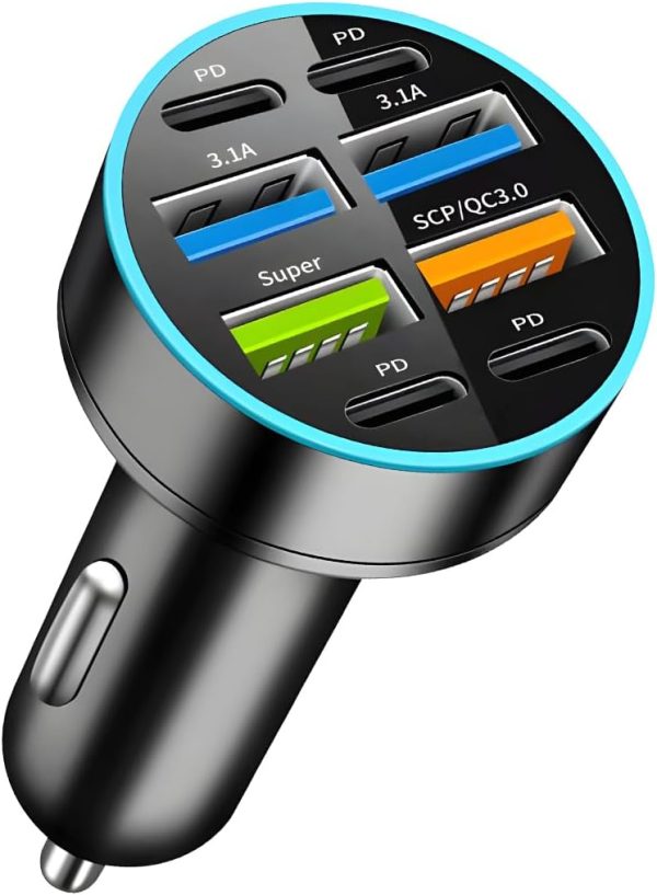 8 Ports 66W Car Charger, 12-24V Super Fast Charging with USB 3.1A PD&QC 3.0 with LED Voltmeter for Cigarette Lighter Plug, Compatible with All Smartphone, Universal Auto Accessories