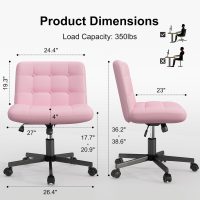 Criss Cross Chair with Wheels, Pink Armless Legged Office Desk Chair Wide Seat, Leather Comfortable Adjustable Swivel Computer Task Vanity Chairs for Home Office - Image 2