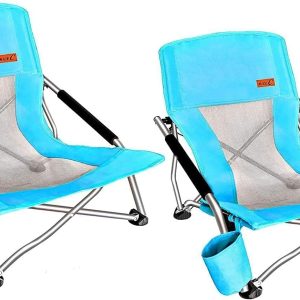 Nice C Adults Low Beach Chair, Sling, Folding, Portable, Concert, Kids, Boat, Sand Chair with Cup Holder & Carry Bag (2 Pack of Blue)