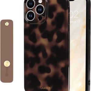 NITITOP Compatible with iPhone 14 Pro Max Case with Wrist Strap Cute Stylish Leopard Aesthetic Tortoise Amber Design for Women Girls Men Soft TPU Shockproof Protective Cover - Brown
