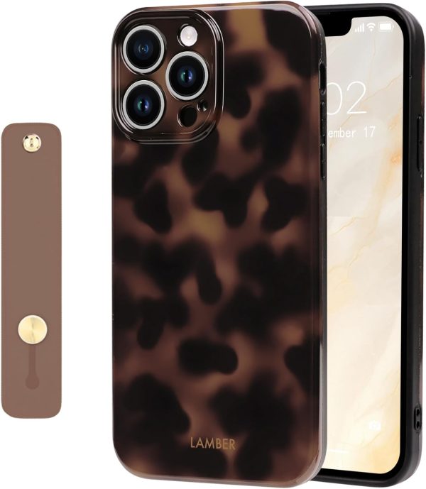 NITITOP Compatible with iPhone 14 Pro Max Case with Wrist Strap Cute Stylish Leopard Aesthetic Tortoise Amber Design for Women Girls Men Soft TPU Shockproof Protective Cover - Brown