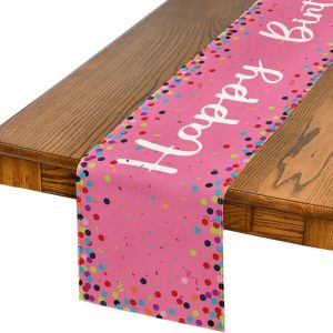 Pink Polka Dot Happy Birthday Table Runner, Seasonal Kitchen Dining Table Decoration for Home Party Decor 13x72 Inch