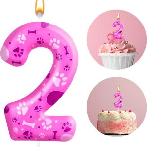 Number 2 Pink Purple Dog Paw Birthday Candles Cake Topper Numeral Birthday Candles for Boy Girl Dog Paw Decoration(Number 2, Pink,Purple)