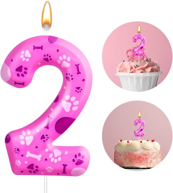 Number 2 Pink Purple Dog Paw Birthday Candles Cake Topper Numeral Birthday Candles for Boy Girl Dog Paw Decoration(Number 2, Pink,Purple)