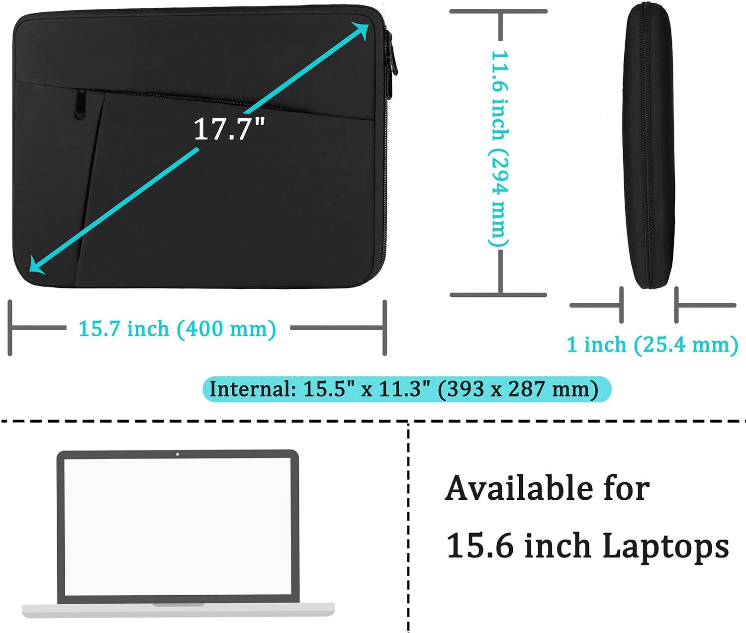 Laptop Case Sleeve 15.6 inch, Durable Shockproof Protective Computer Carrying Cover with Front Pocket, Briefcase Handbags Laptop Sleeve Bag for 15.6 inch HP, Dell, Acer, Asus, Notebook, Black - Image 5