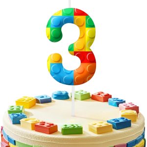 Building Block 3rd Birthday Number Candles, Number 3 Candle Cake Topper Decorations for Building Block Themed Parties, Birthday Cake Candles for Boys Girls Kids Party Supplies