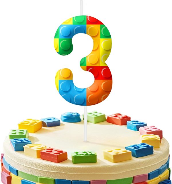 Building Block 3rd Birthday Number Candles, Number 3 Candle Cake Topper Decorations for Building Block Themed Parties, Birthday Cake Candles for Boys Girls Kids Party Supplies