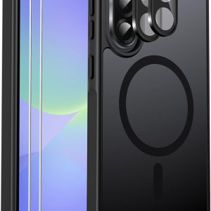 Ezanmull for Samsung Galaxy A36 5G Phone Case Magnetic Shockproof, [Fit for MagSafe] [Glass Screen Protector + Camera Lens Protector] Translucent Anti-Fingerprint (Black)