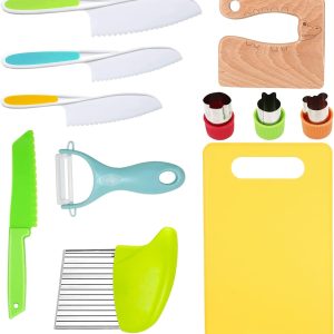 RISICULIS 11 Pieces Wooden Kids Kitchen Knife, Kids Kitchen Set Include Wood Knife, Serrated Edges Plastic Toddler Knife, Crinkle Cutter, Sandwich Cutter, Y Peeler, Cutting Board
