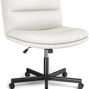 YOMT Comfortable Armless Office Desk Chair with Thickened Double Cushion, Mid-Back Ergonomic PU Leather Cross Legged Wide Chair on Wheels, Adjustable Swivel Computer Task Chairs for Home,Make Up,Study