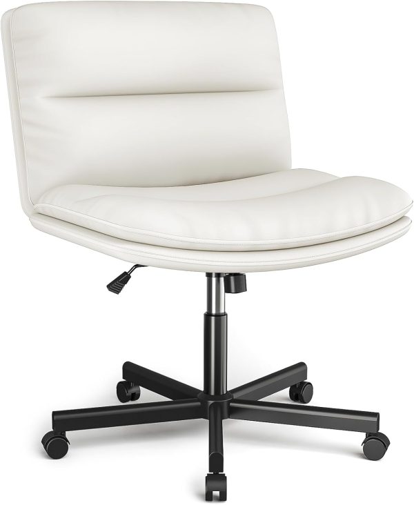 YOMT Comfortable Armless Office Desk Chair with Thickened Double Cushion, Mid-Back Ergonomic PU Leather Cross Legged Wide Chair on Wheels, Adjustable Swivel Computer Task Chairs for Home,Make Up,Study