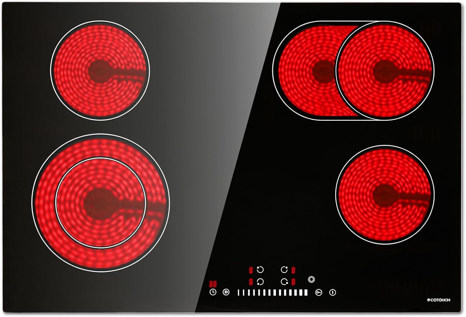 Electric Cooktop 30 inch, ECOTOUCH Built-in Electric Cooktop 4 Burner Stove Top, Radiant Cooktops Stovetop with Kid Safety Lock, Timer, 9 Heating Level, 6800W, 220-240V for Hard Wire(No Plug)