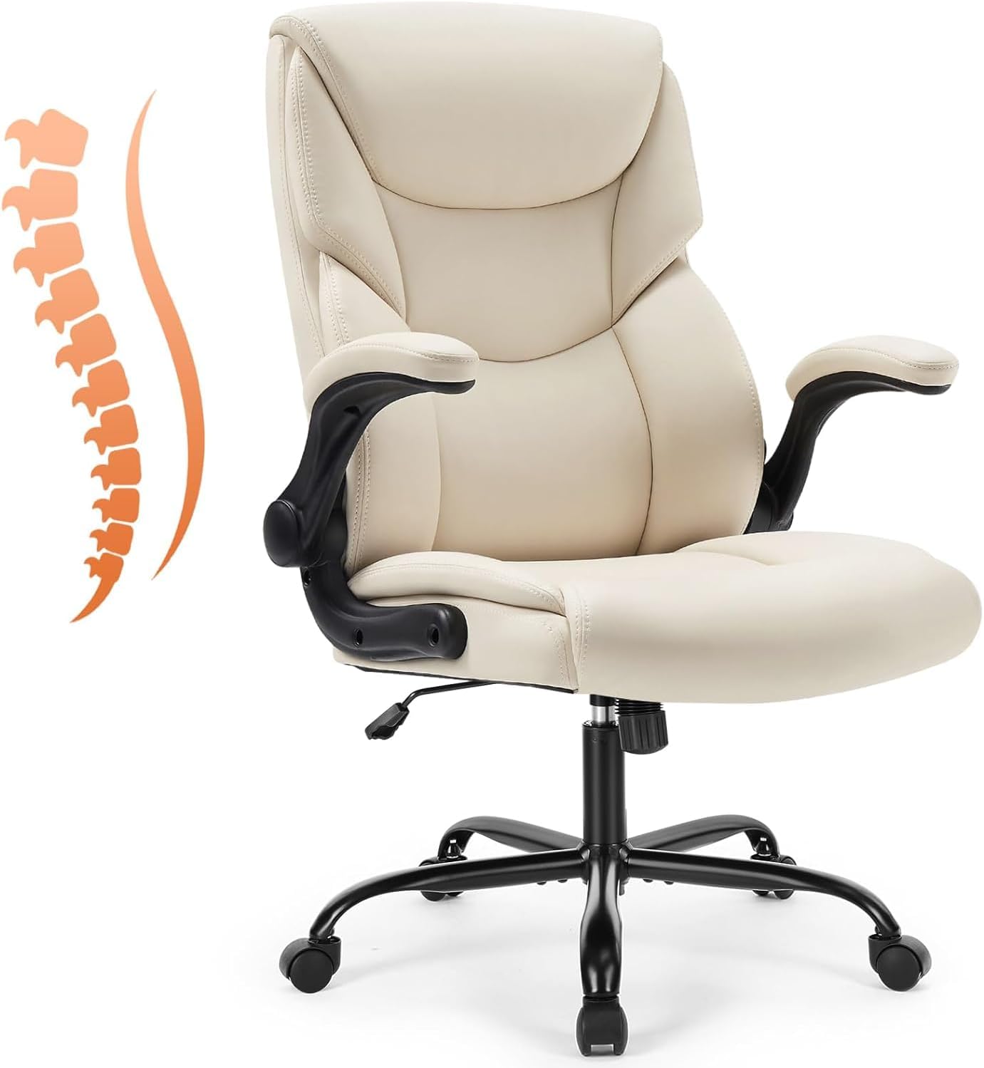 Sweetcrispy Ergonomic Office Chair Heavy Duty Task Desk Chair with Flip-up Arms, PU Leather, Adjustable Swivel Rolling Chair with Wheels, Beige