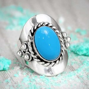 White Gold Plated Blue Oval Cubic Zirconia Inlaid Vintage Boho Style Statement Ring Personalized Accessory Ideal for Women's Daily Casual Wear Party Holiday Anniversary Love Jewelry Gift