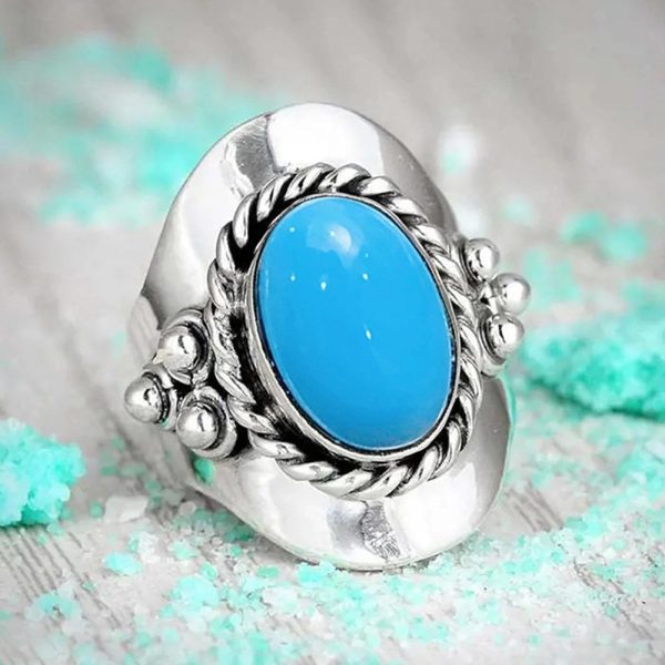 White Gold Plated Blue Oval Cubic Zirconia Inlaid Vintage Boho Style Statement Ring Personalized Accessory Ideal for Women's Daily Casual Wear Party Holiday Anniversary Love Jewelry Gift